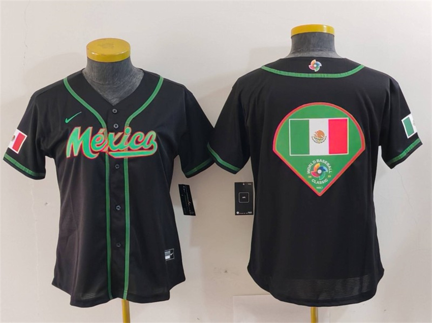 Women's Black Mexico Baseball Team Big Logo 2023 World Baseball Classic Stitched Jersey(Run Small)